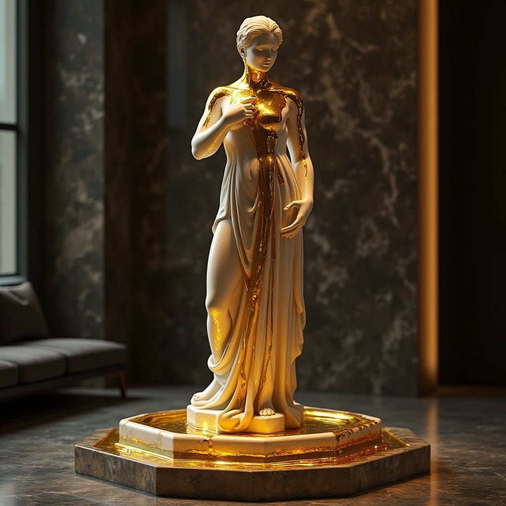 Luxurious Gold Paint Dripping Over Marble Sculpture