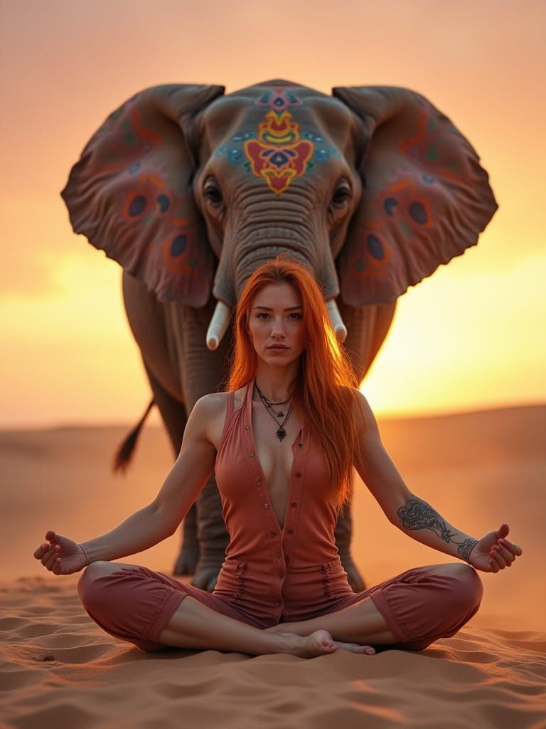 Ginger Woman in Yoga Pose Surrounded by Vibrant Elephant in ...