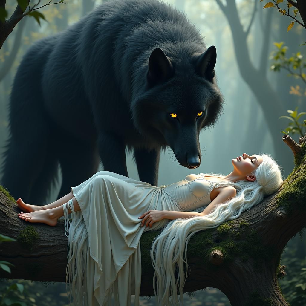 Majestic Black Wolf Guardian in Photorealistic Style