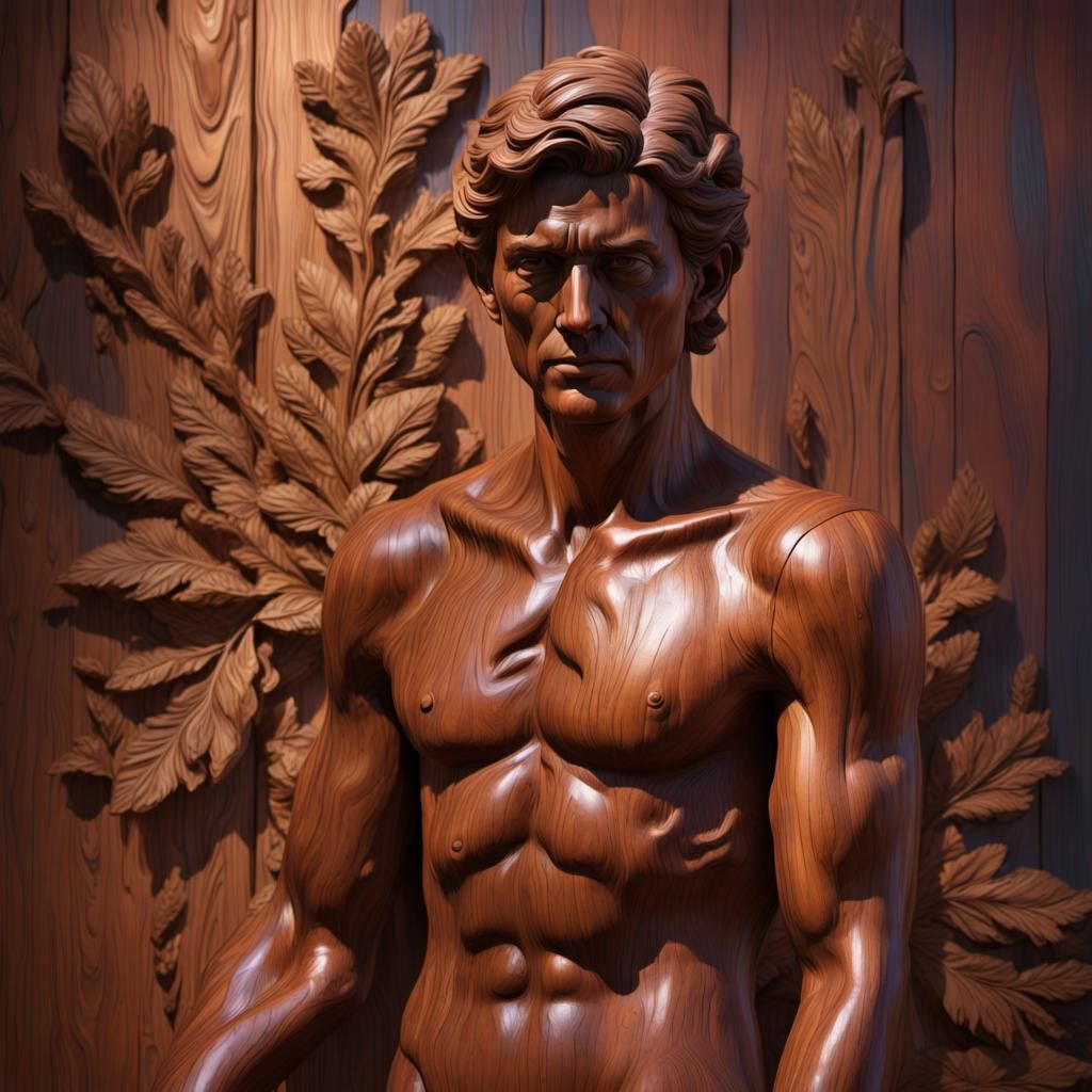 Hyperrealistic Wooden Man Statue in High Resolution