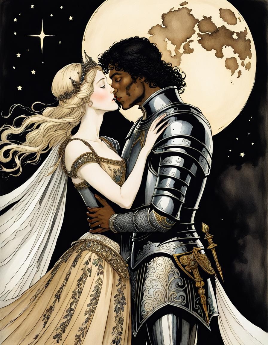 Moonlit Kiss: Armored Princess and Knight in Vintage Style