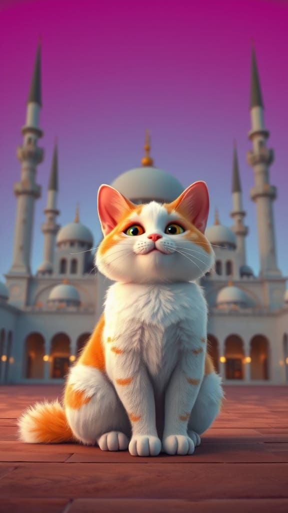 Whimsical Cat Wishes Eid Mubarak in Vibrant Digital Art