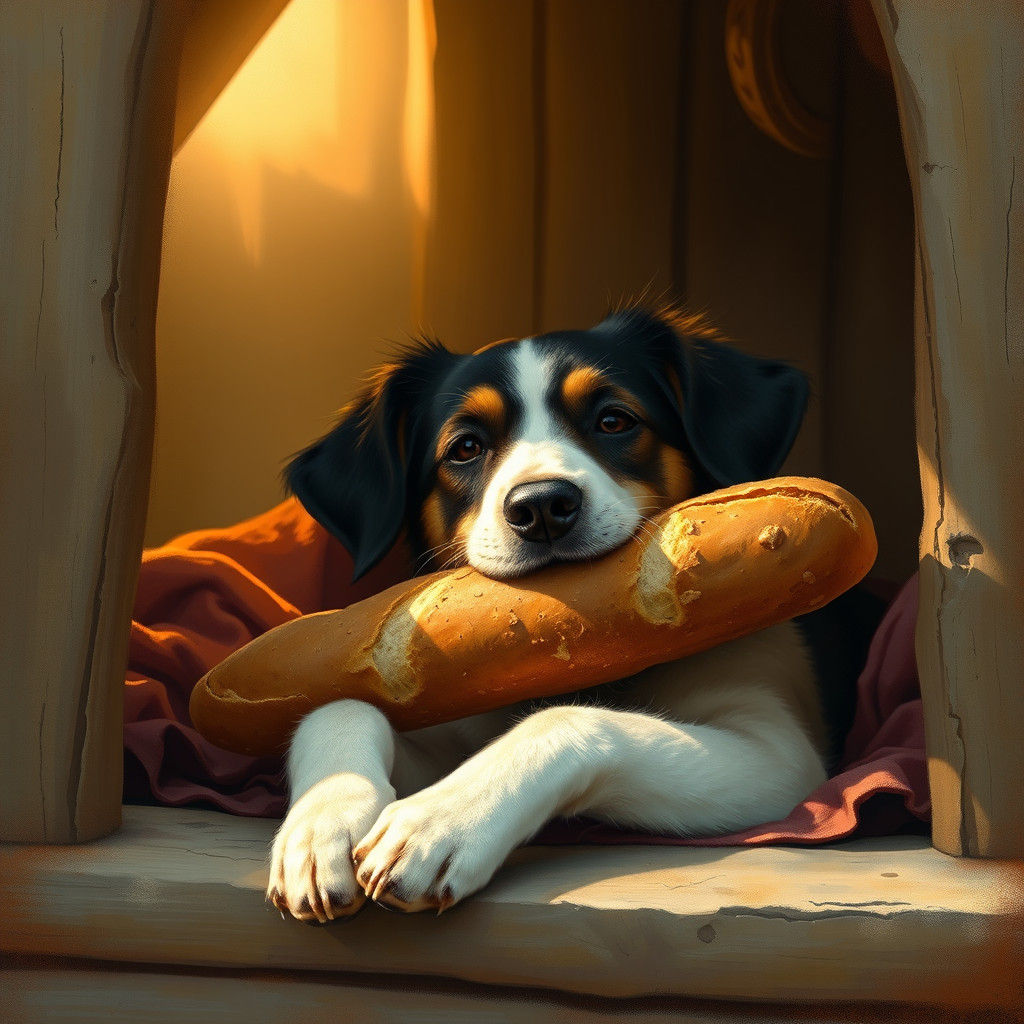 Dog in Doghouse with Bread, Whimsical Illustration
