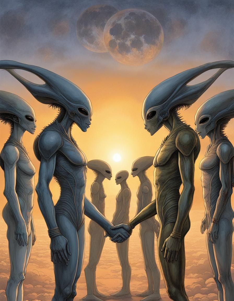 Aliens Holding Hands at Sunset in Enki Bilal Style