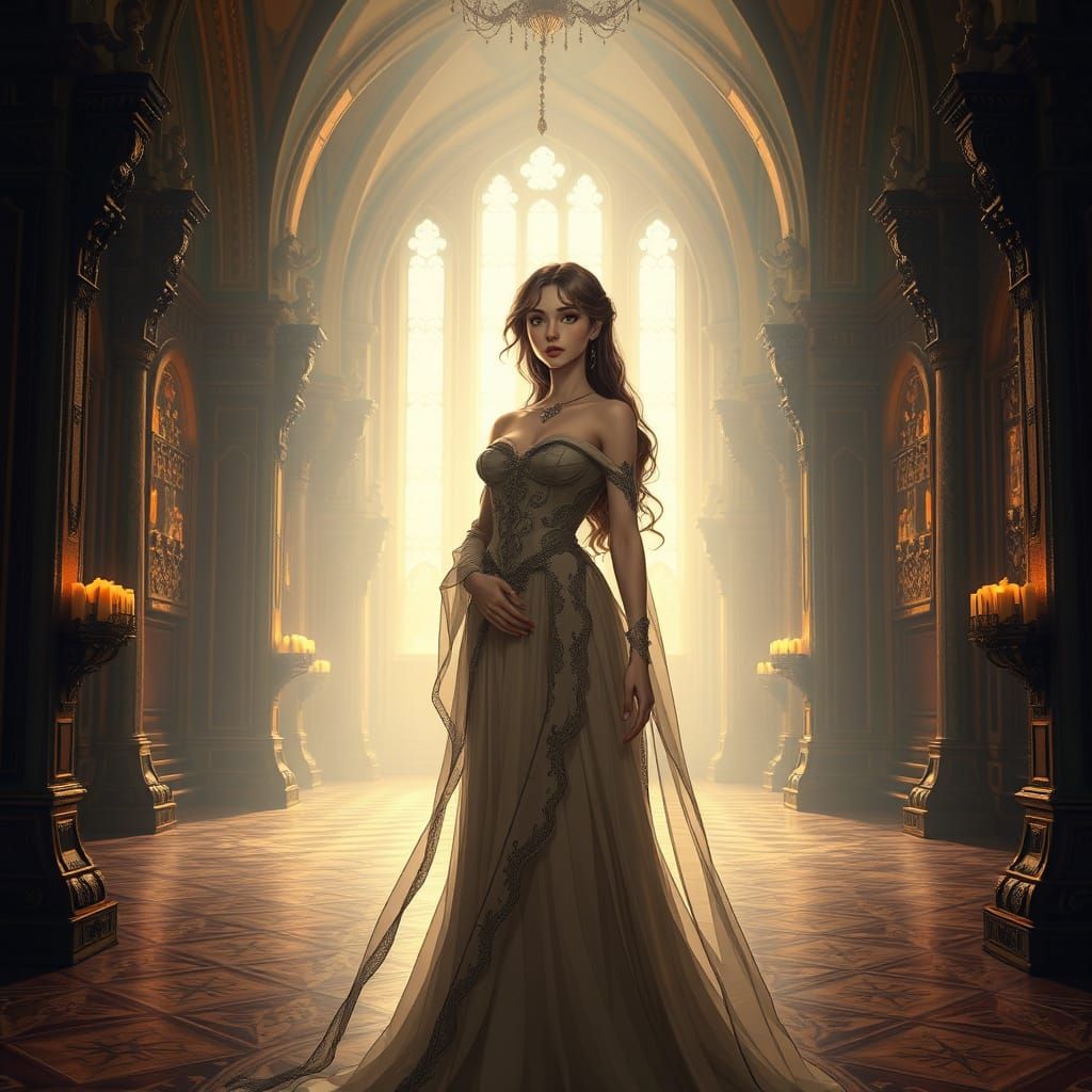 Ethereal Medieval Maiden in Grand Chiaroscuro Hall