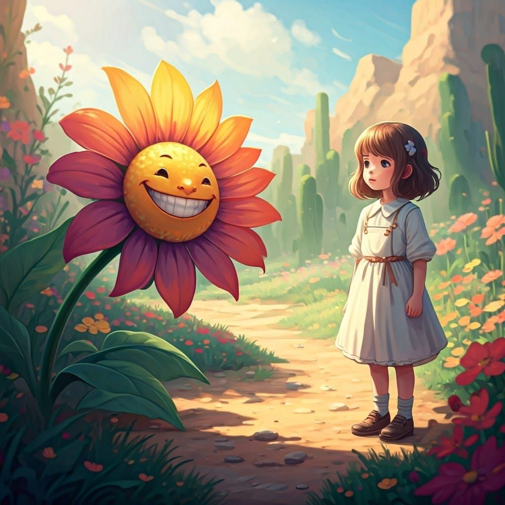 Whimsical Anime Girl Watches Vibrant Desert Flower