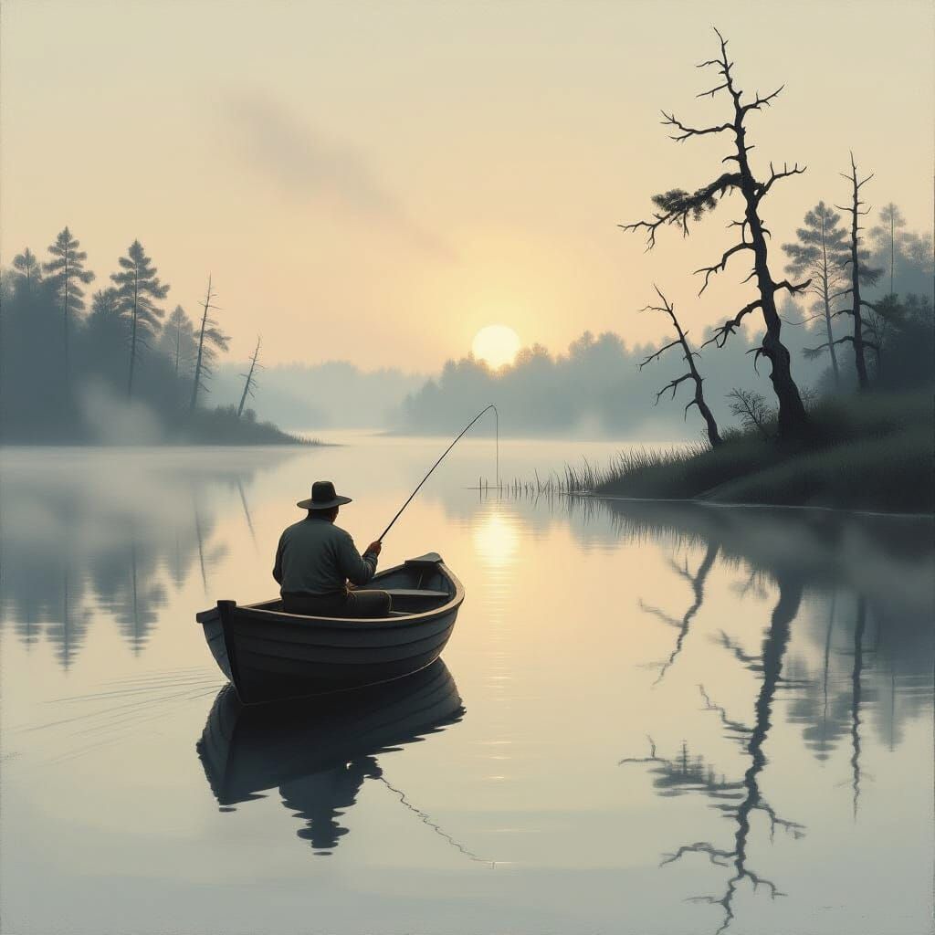 Fisherman on Misty Lake at Dawn, Textured Realism
