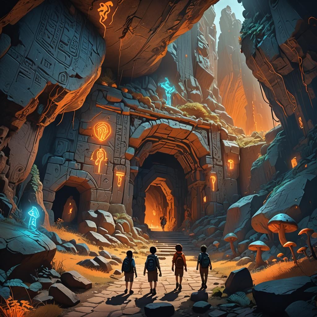 Kids Discover Cave with Ancient Glyphs: Fantasy Art