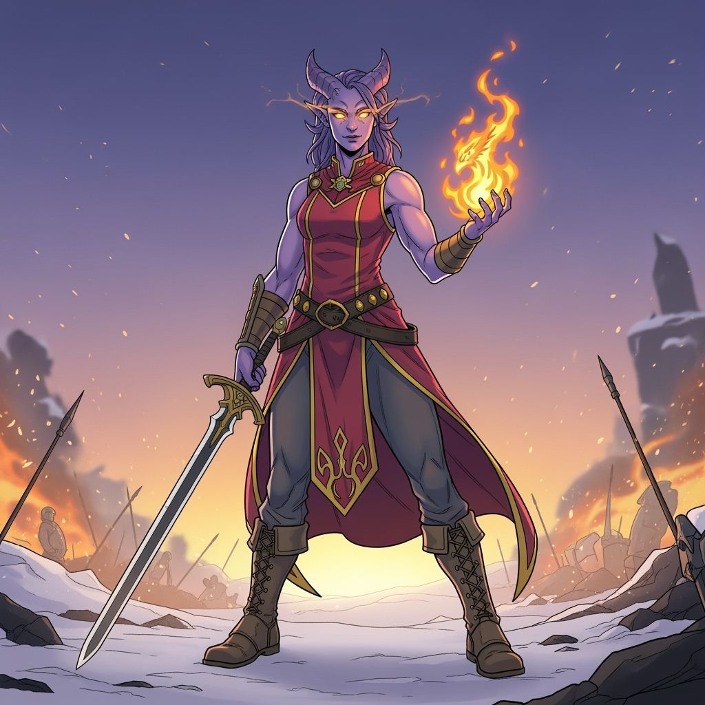 Tiefling Sorceress on Snowy Battlefield, Cel-Shaded Anime Ar...