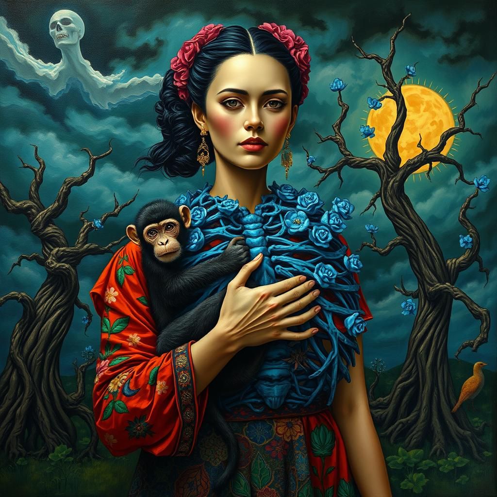 Surreal Woman with Monkey and Blue Ribcage Flowers