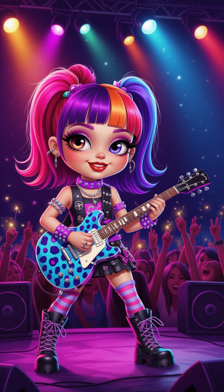 Emo Rock Girl Plays Guitar on Stage in Surreal Folk Art Styl...