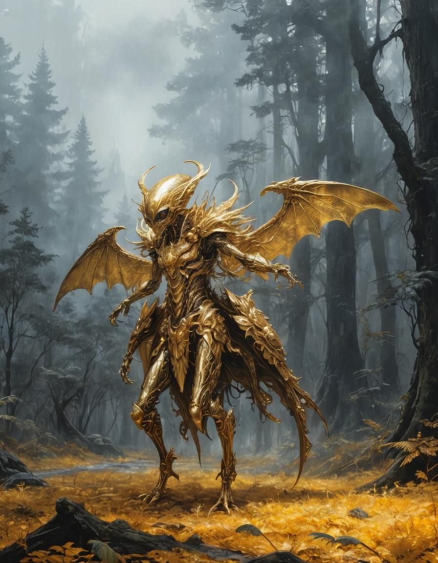 Golden Alien in Extraterrestrial Forest: Pointillism Art