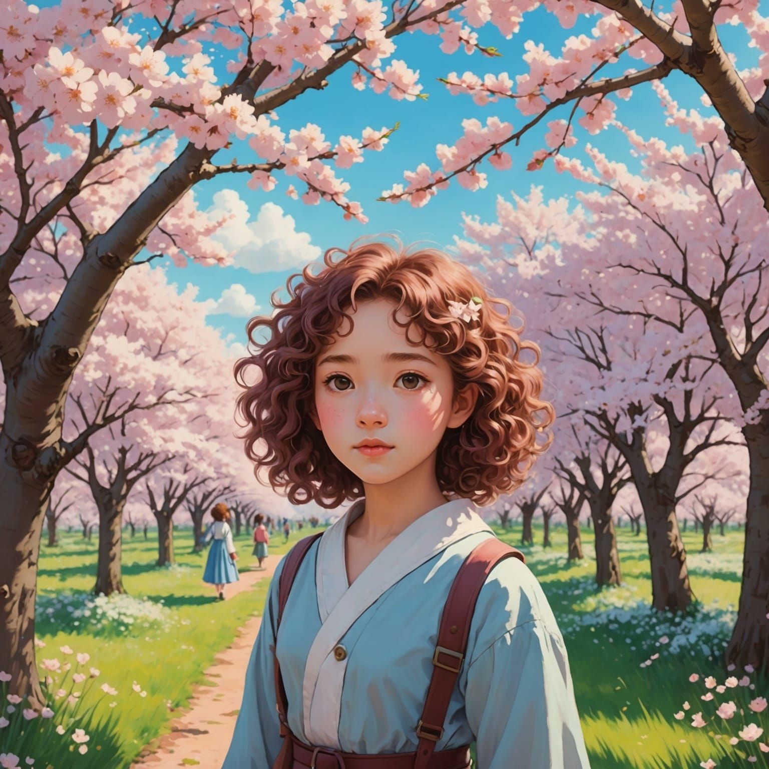 Girl in Cherry Blossom Field: Studio Ghibli Style