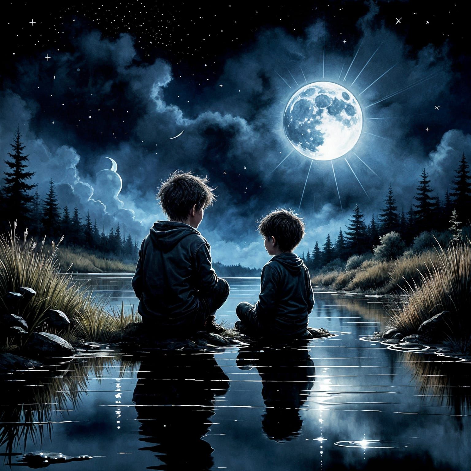 Contemplative Boy Gazes at Moon Reflection in Ink Wash Style