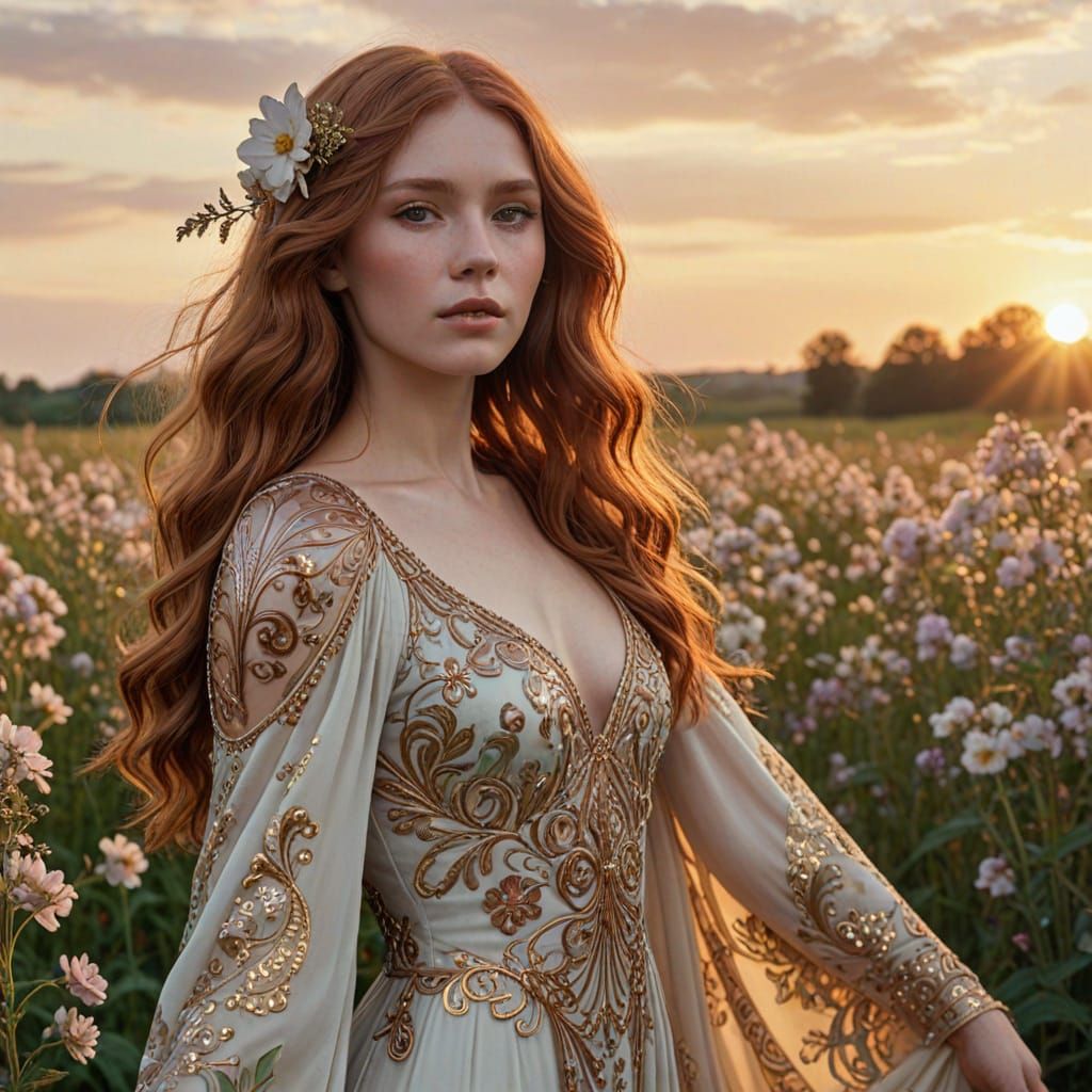 Art Nouveau Woman in Flowered Field at Sunset