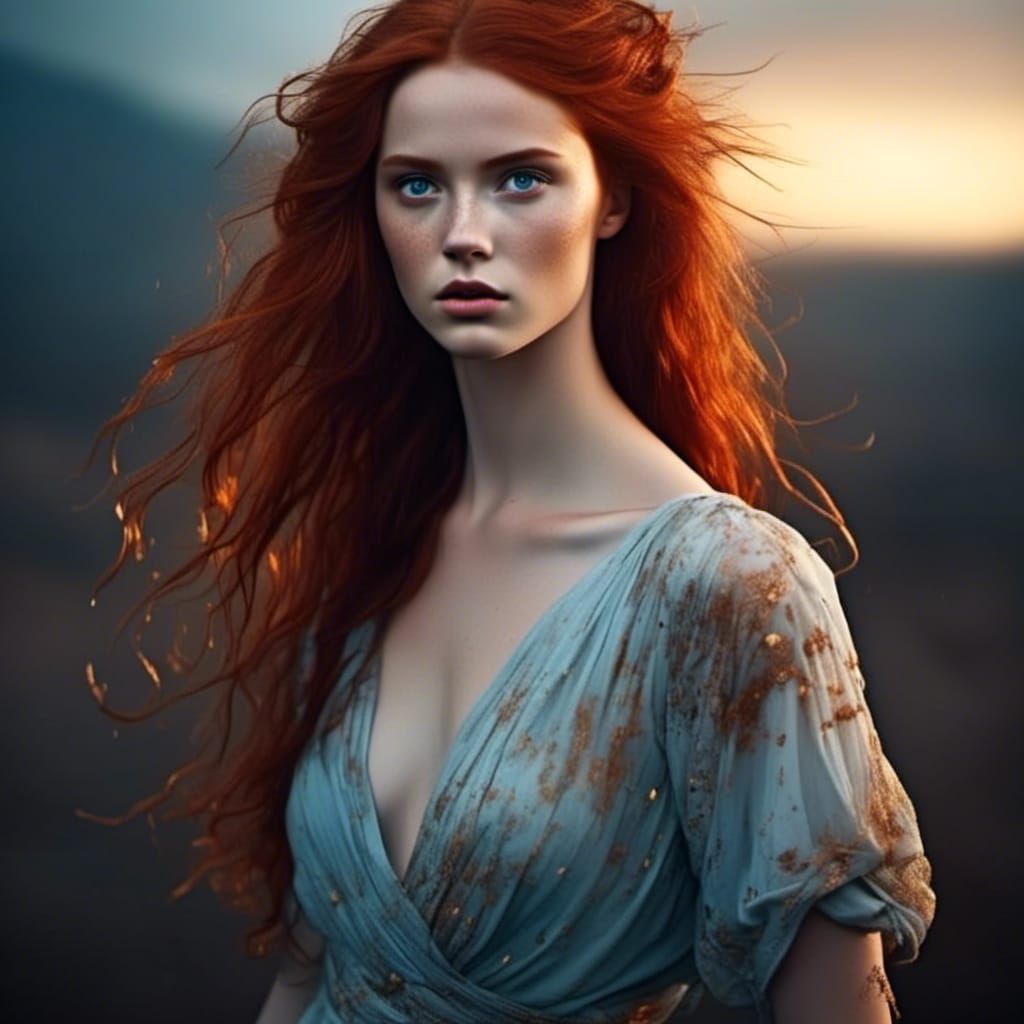 Red-Haired Woman with Blue Eyes in Sunset