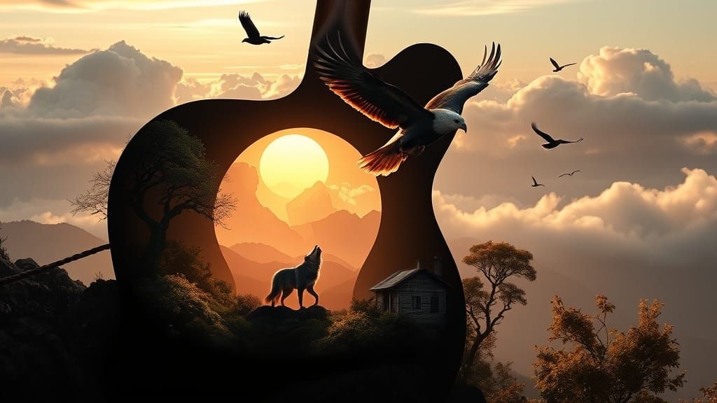 Surreal Guitar Landscape with Eagle and Wolves in Sepia Tone...
