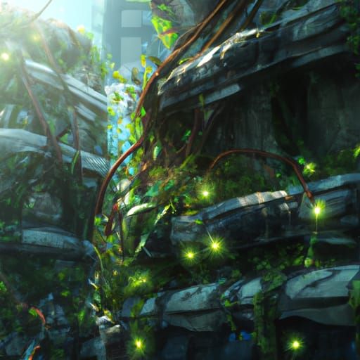Overgrown Futuristic Cityscape with Dynamic Lighting