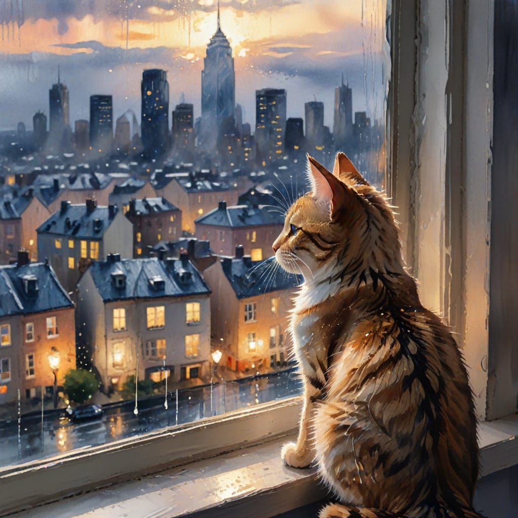 Rainy Window View of Cityscape with Cat
