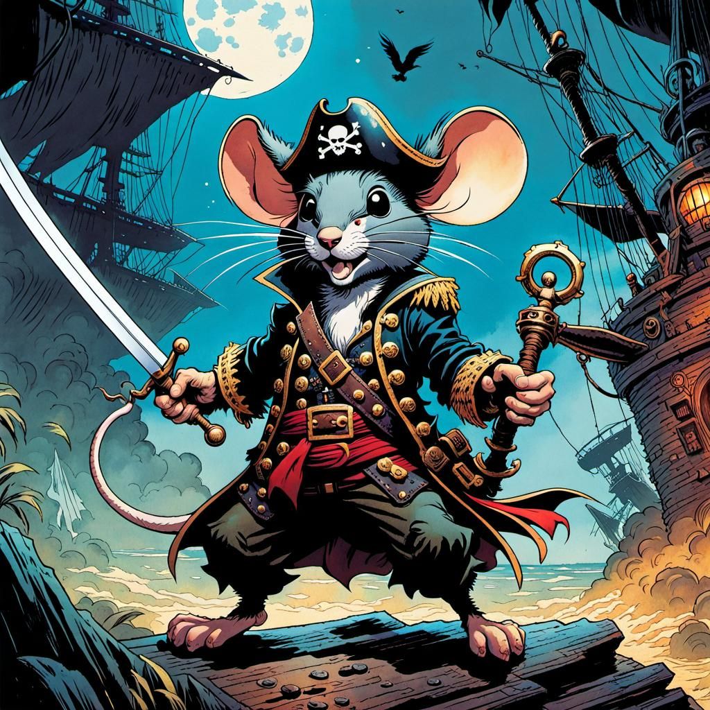 Anthropomorphic Pirate Mouse in Watercolor Comic Art