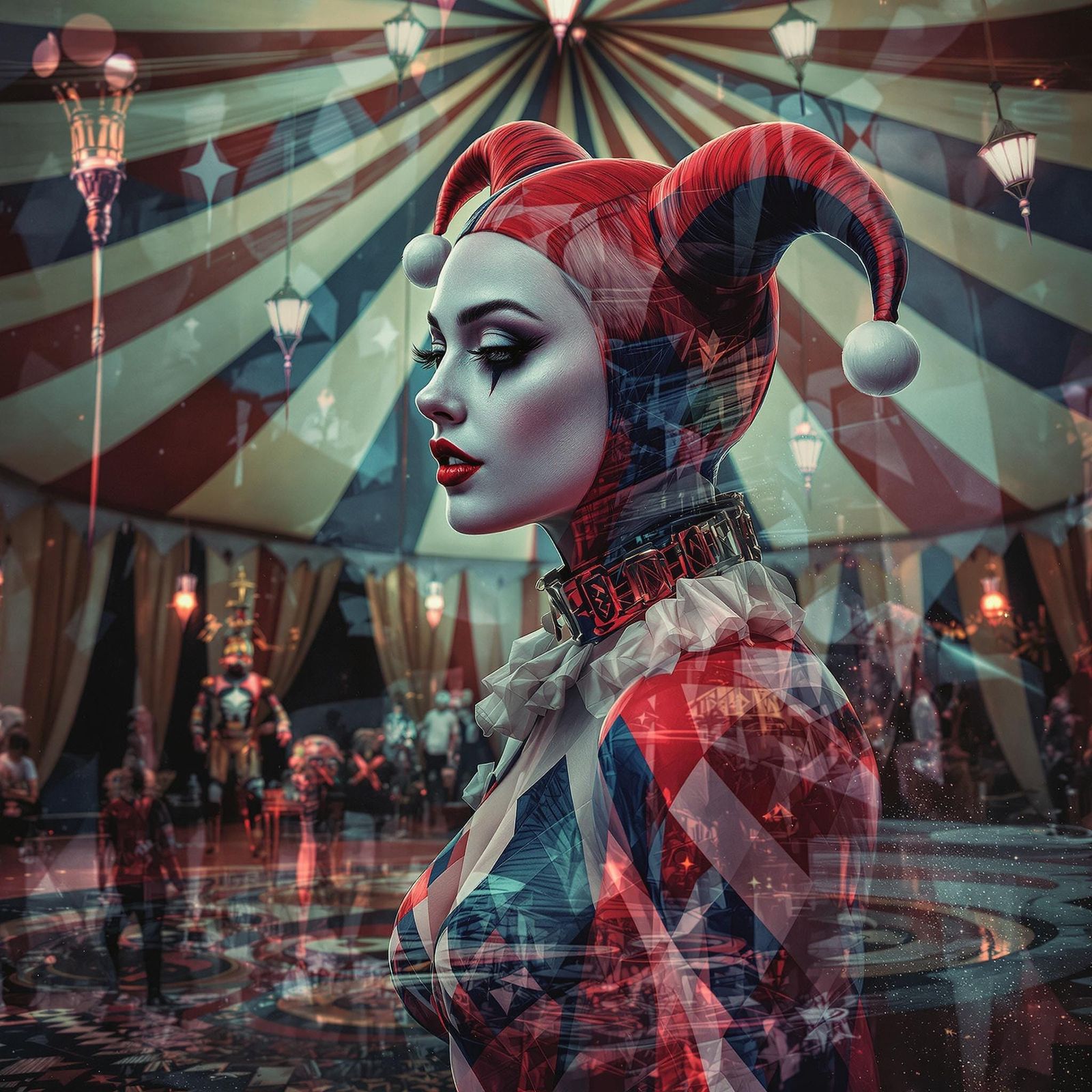 Surreal Circus Dream: Harlequin Woman in Hyper Detailed Doub...