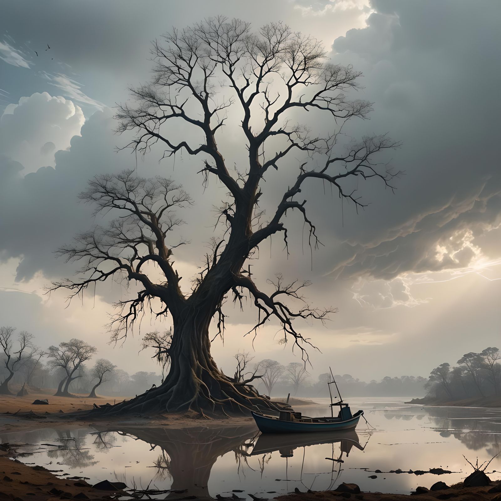 Lonely Tree on Orinoco River in Hyperrealistic Style