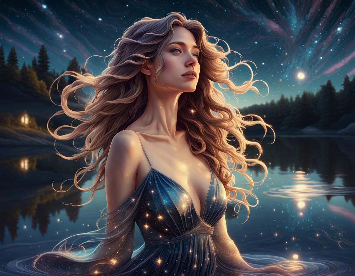 Celestial Woman Reflects Starry Night, Digital Art