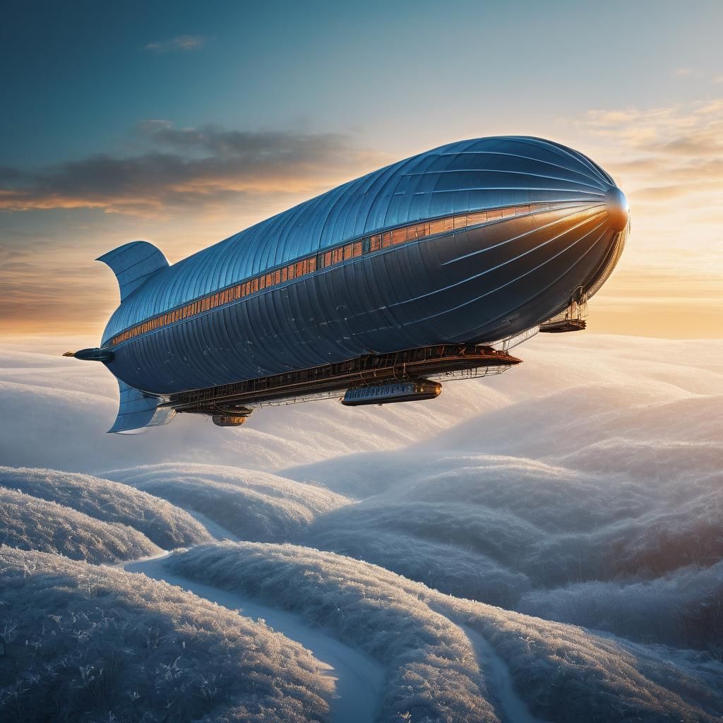 Frost-Covered Zeppelin in Golden Light: Fantasy Concept Art