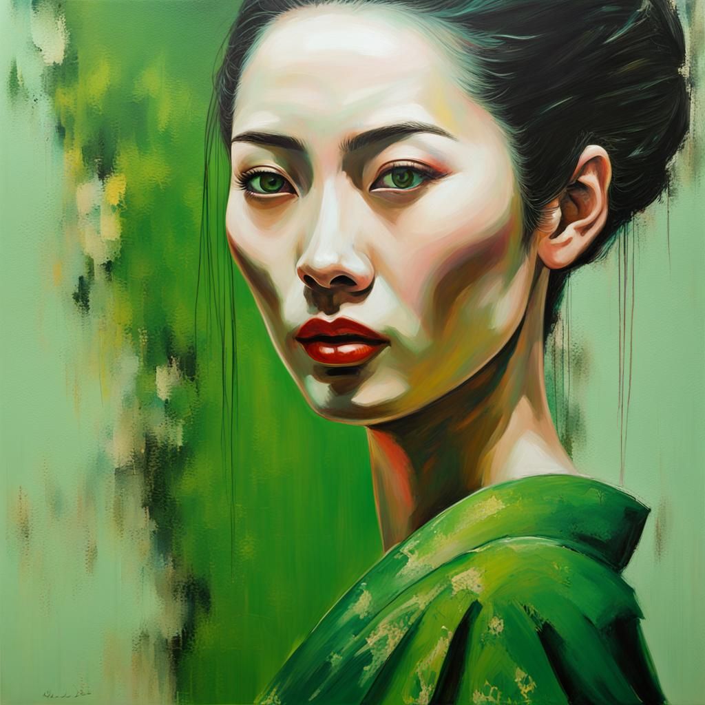 Abstract Chinese Woman Oil Painting in Wabi-Sabi Style