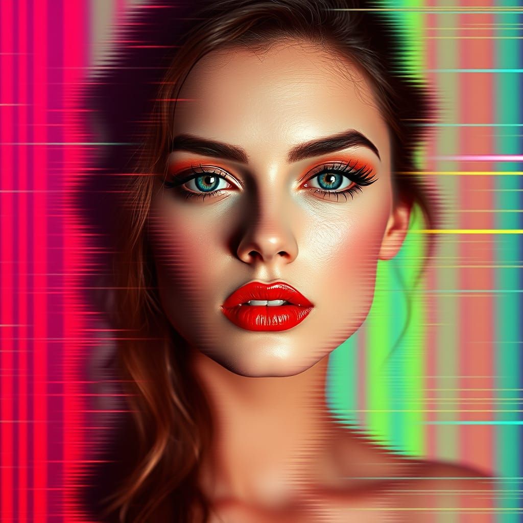 Elegant Woman's Face Distorted by Static Noise
