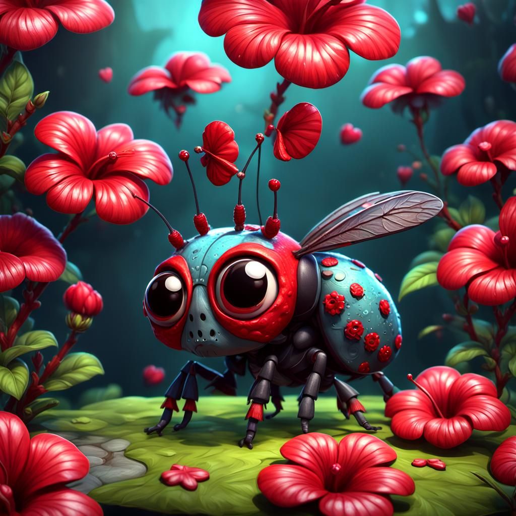 adorable chibi big-eyed fuzzy insect, hearts, skulls, red hibiscus flowers