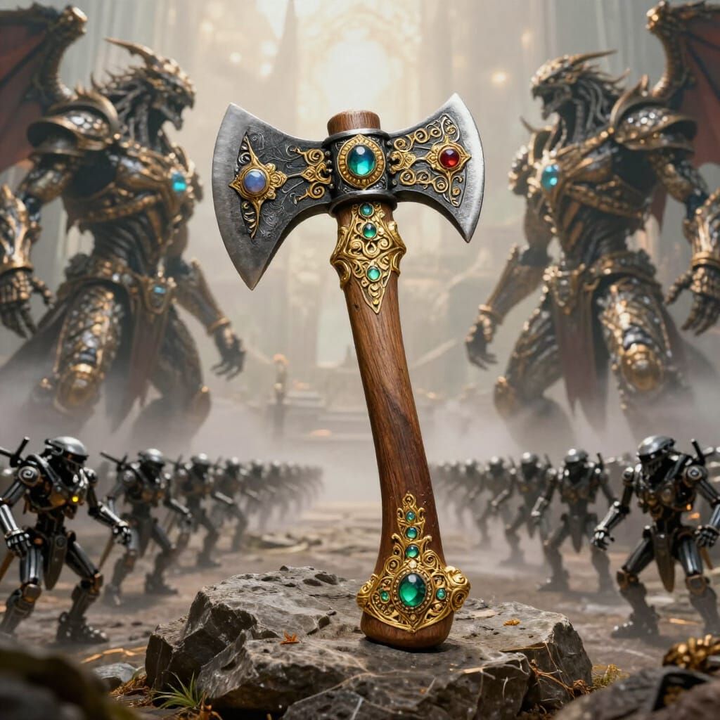 Epic Fantasy Axe in Stone with Mythical Creatures and Drones