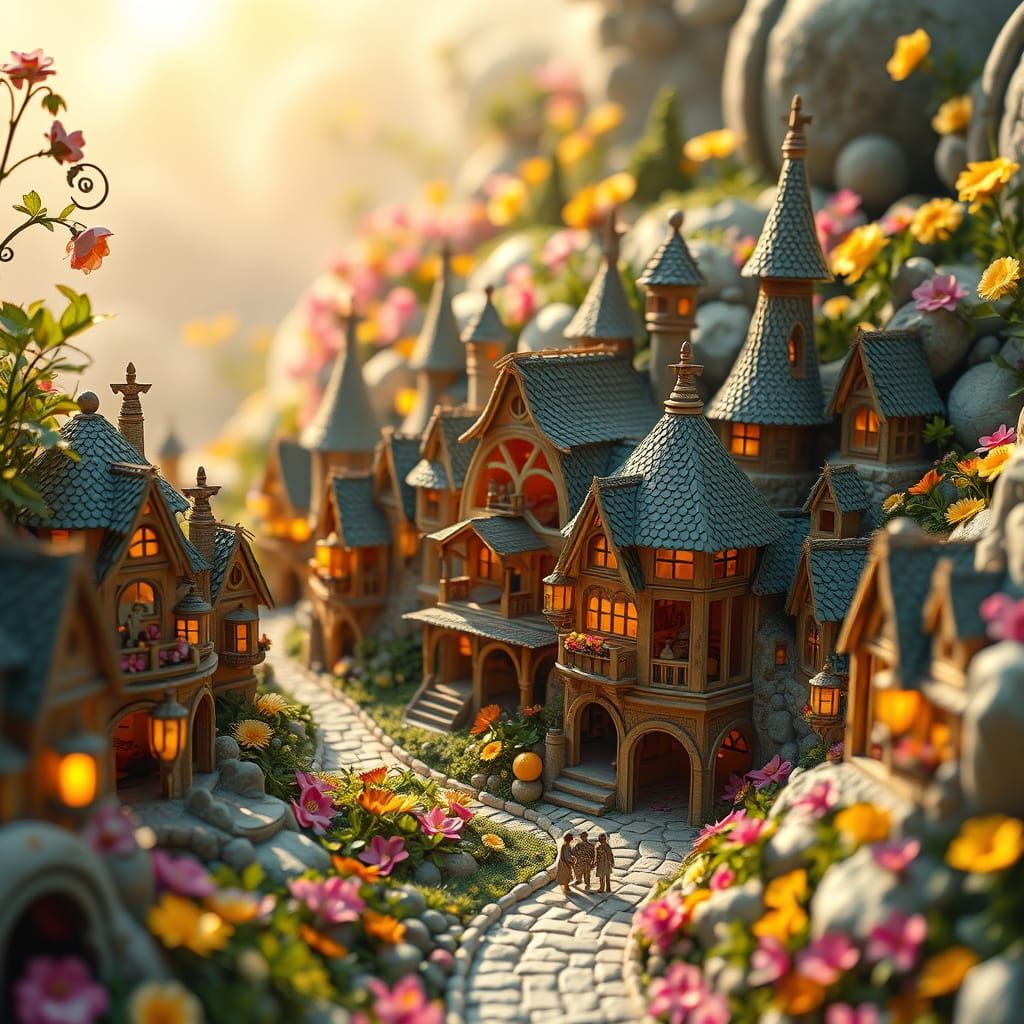 Whimsical Beehive Metropolis in Vibrant Floral Landscape