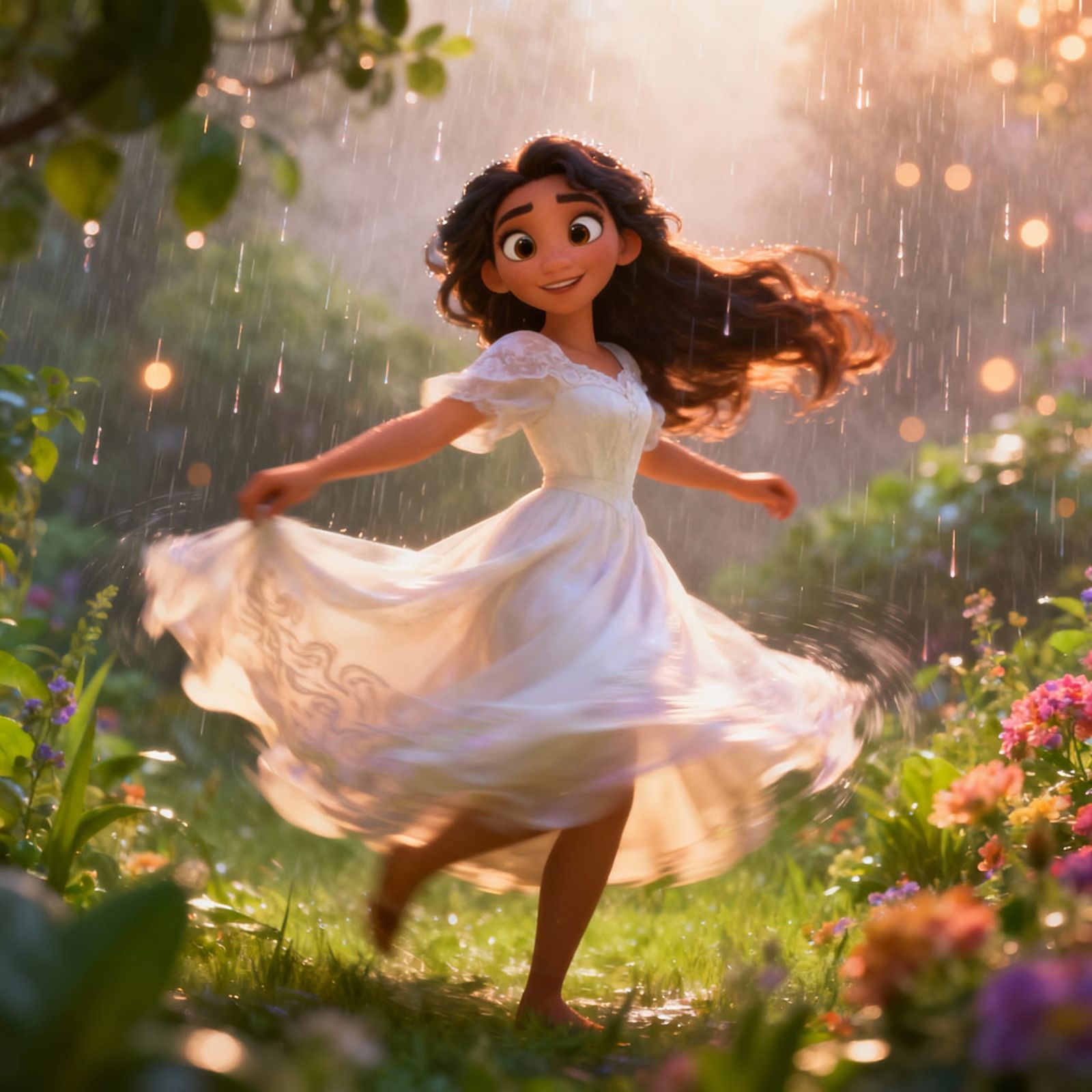 Disney Style Woman Twirling in Summer Rain