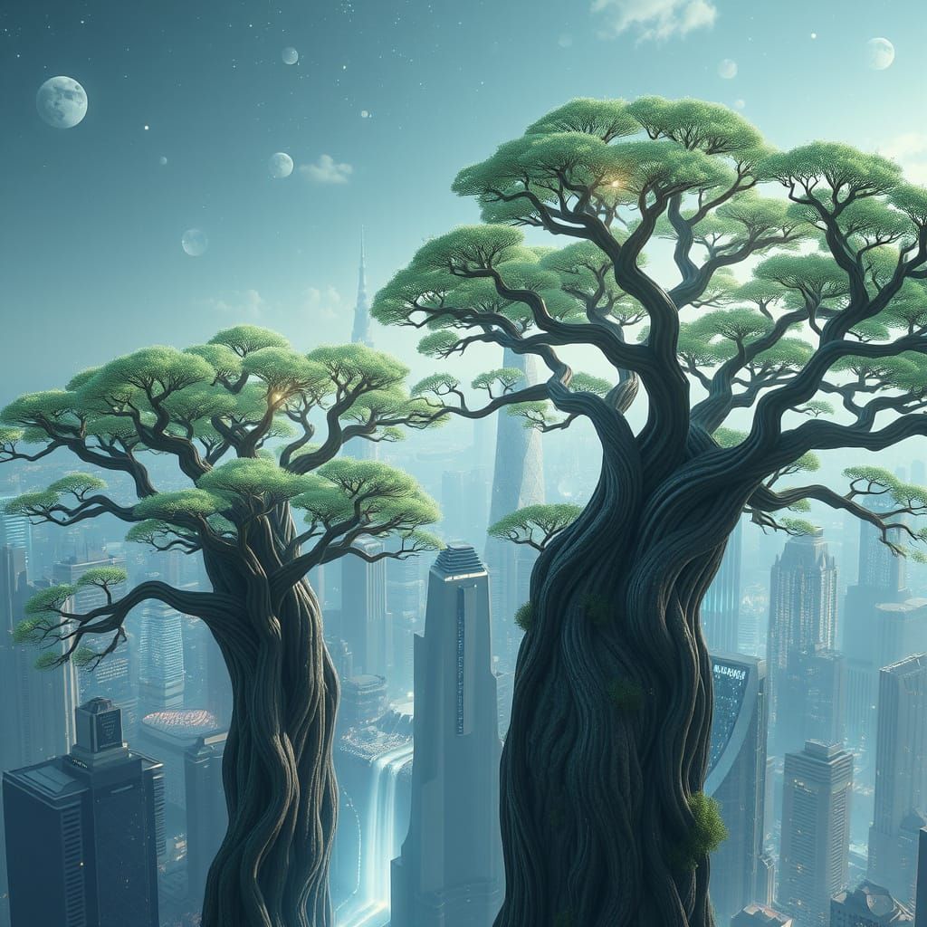 Futuristic Tree Cityscape with Holographic Projections