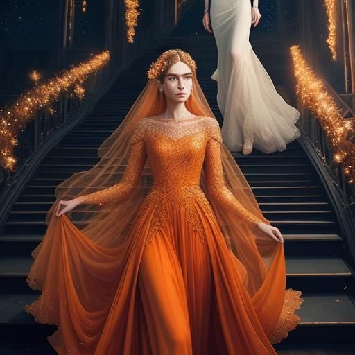 Elegant Lady Ascending Starry Staircase in Dreamy Surrealism