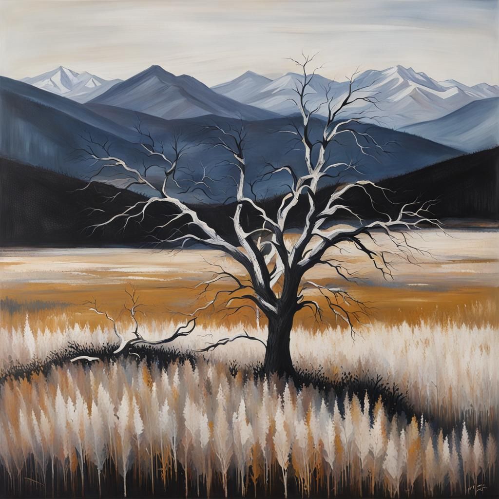 Monochrome Painting of Dead Tree Field Landscape