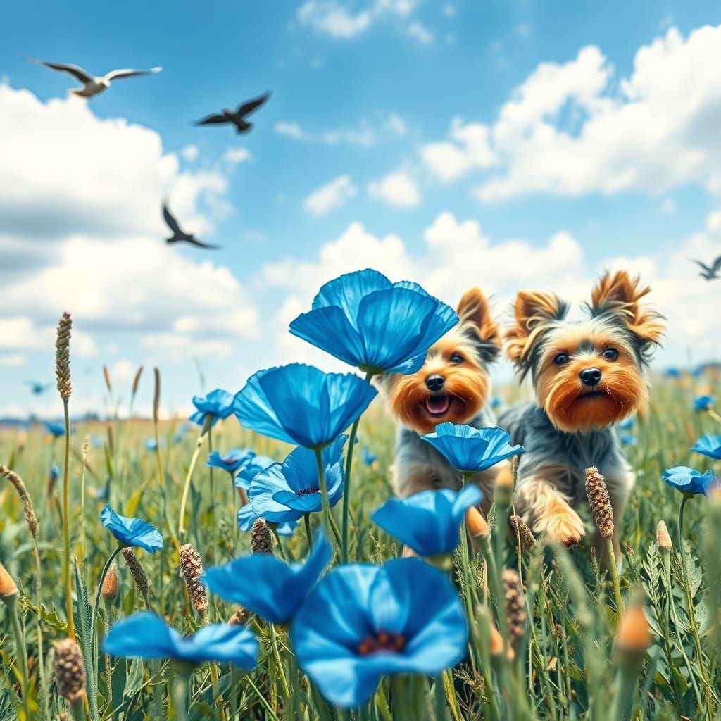 Blue Poppies Field with Running Dogs in Surreal Watercolor S...