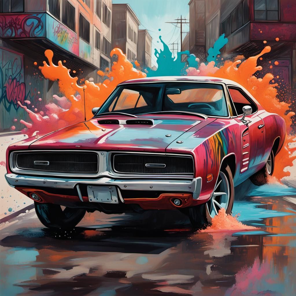 Milana Vayntrub, driving a dodge charger