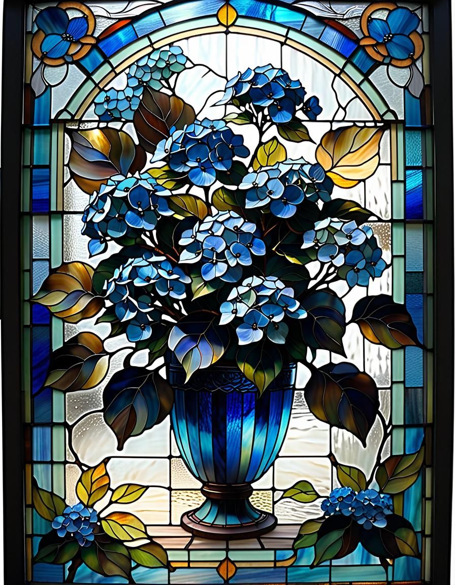 Blue Hydrangeas in Leaded Stained Glass Window