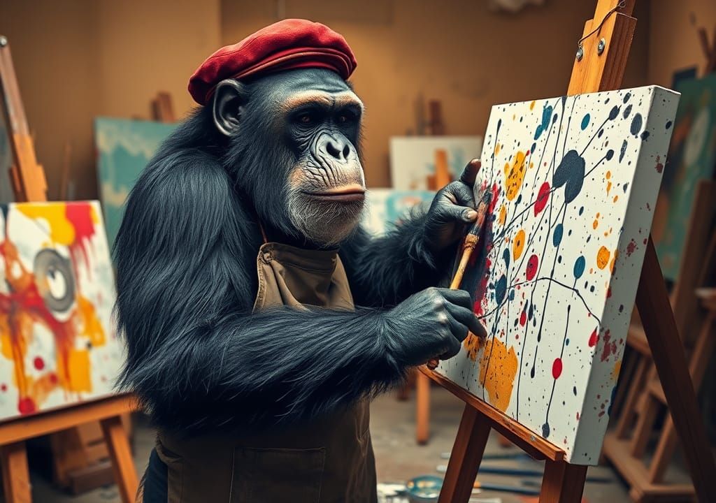 Ape Creates Ink Splatter Art in Abstract Style