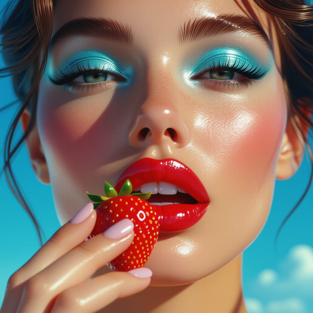 Macro Shot of Metallic Lips Eating Strawberry