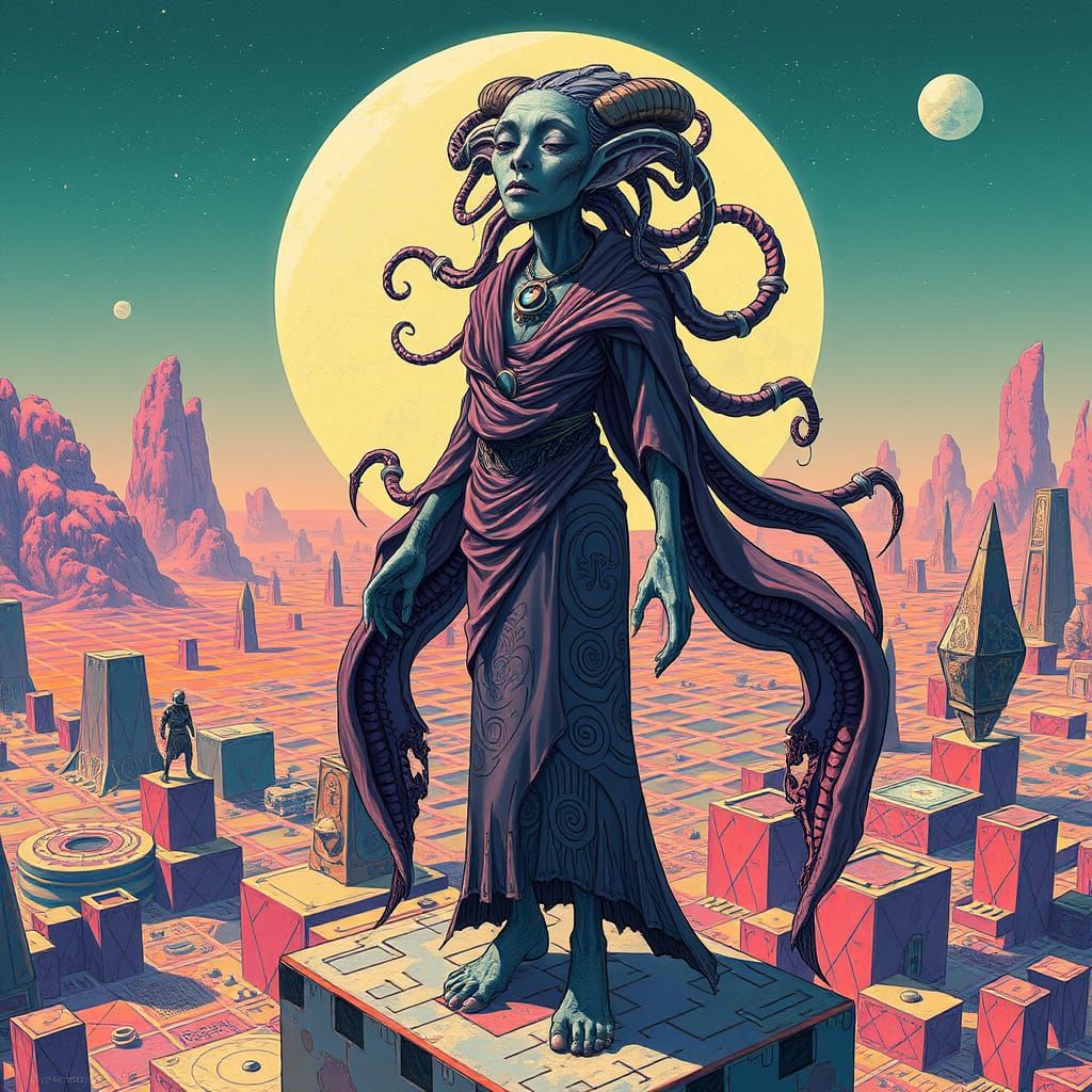 Alien Matriarch on Geometric World, in Digital Art Style