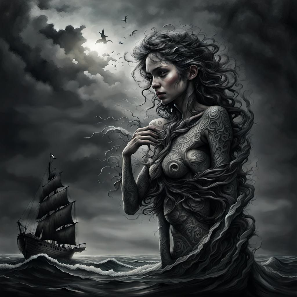 Shipwrecked Woman: Detailed Charcoal Portrait