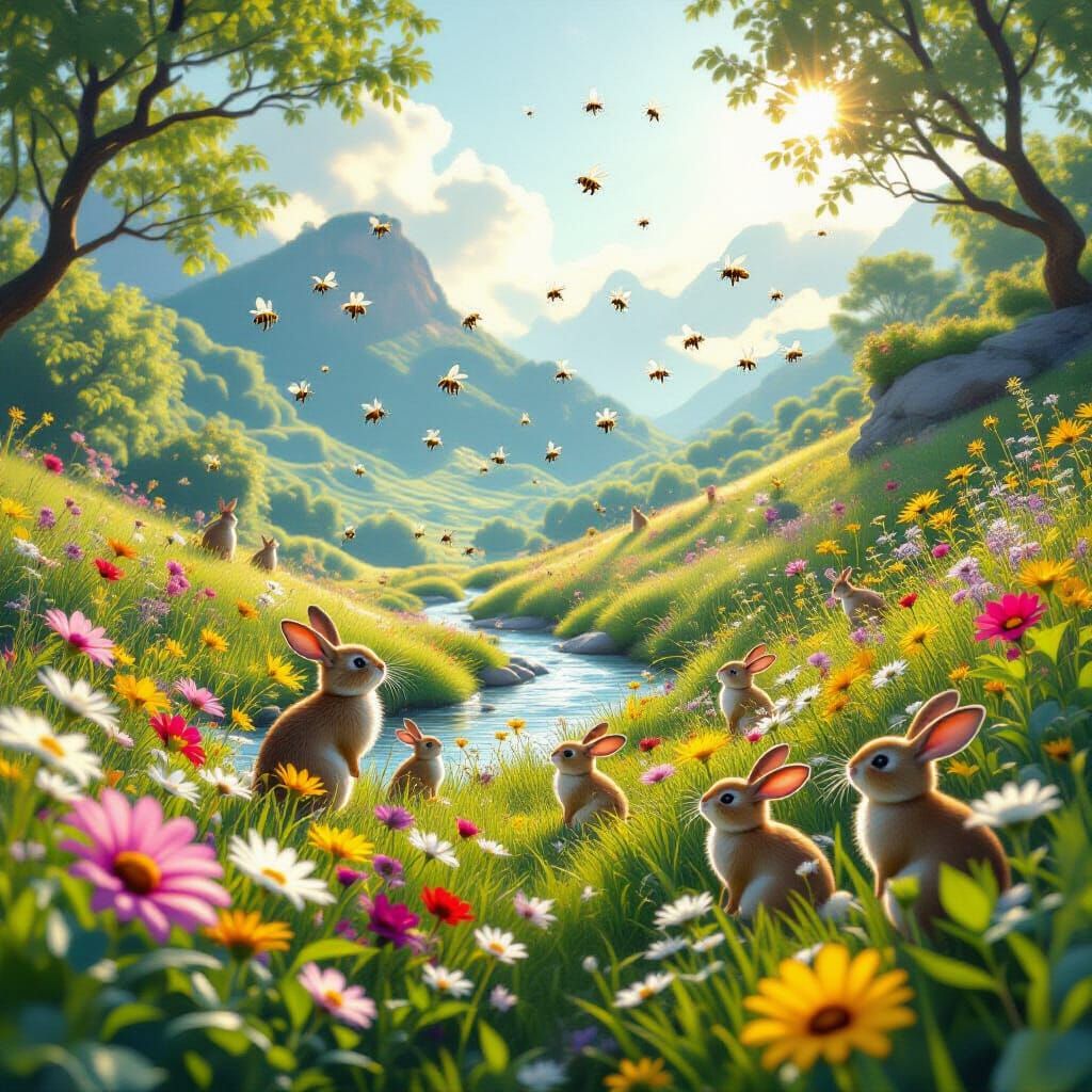 Magical Valley Wind Lifts Bees and Flowers in Ethereal Light