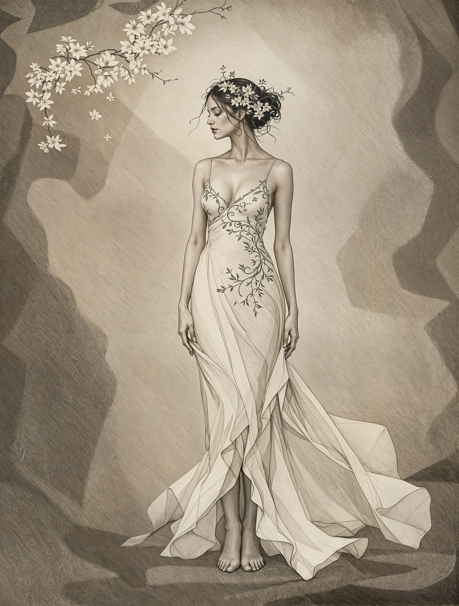 Ethereal Dancer in Copperplate Etching Style