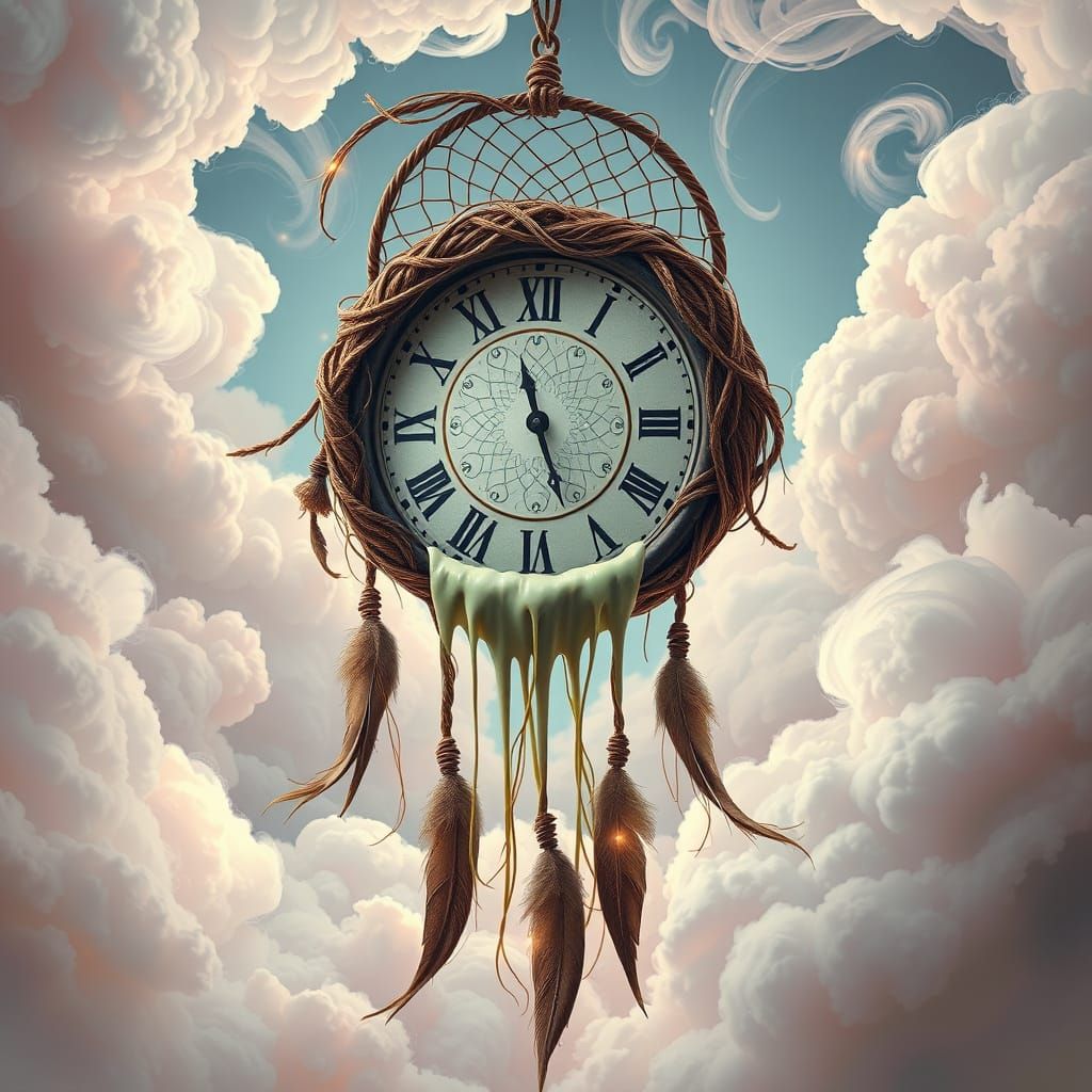 Surreal Dreamcatcher Clock in Pastel Clouds
