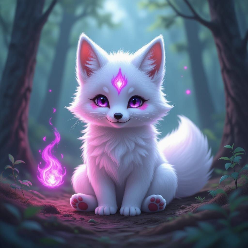 Kitsune Baby with Purple Fire in Cosmic Woods