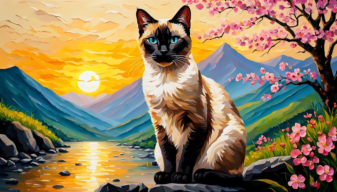 Elegant Siamese Cat in Sunset Landscape Oil Painting