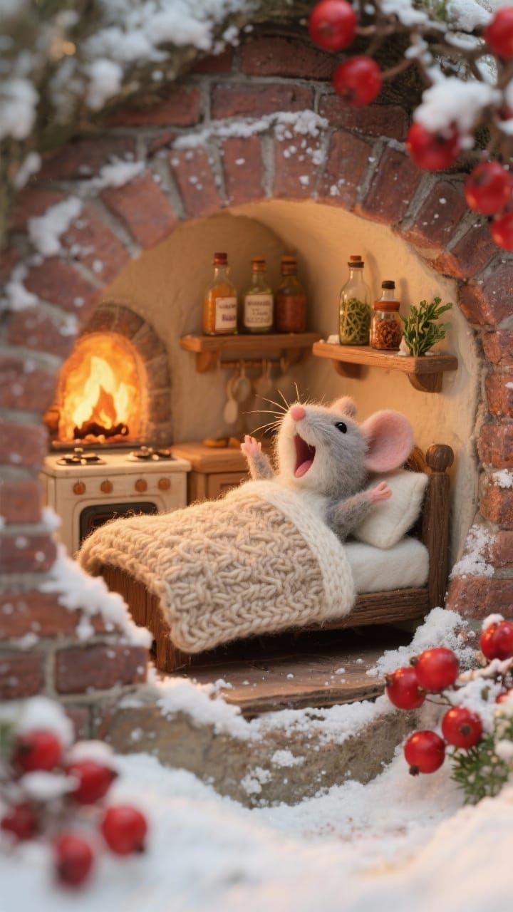 Adorable Felted Mouse in Cozy Miniature Kitchen